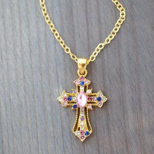 Multicolor Cross Pendant with Rhinestones Necklace 18k Gold Plated Stainless Ste
